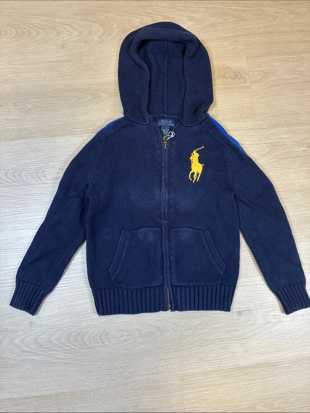 Polo Ralph Lauren Navy Hooded Zip Knit Jacket with Yellow Pony